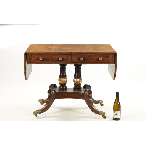 306 - A REGENCY FIGURED ROSEWOOD BRASS INLAID SOFA TABLE with fold down sides above frieze drawers; raised... 