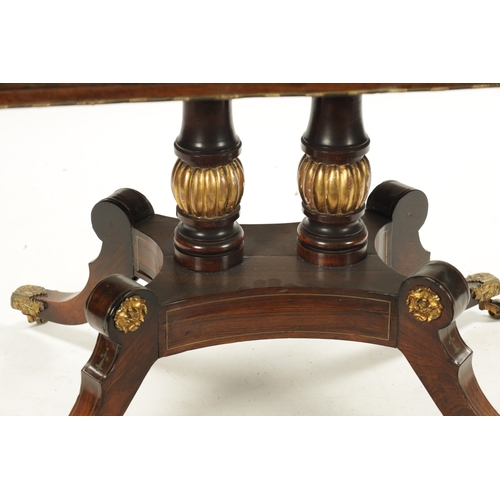 306 - A REGENCY FIGURED ROSEWOOD BRASS INLAID SOFA TABLE with fold down sides above frieze drawers; raised... 