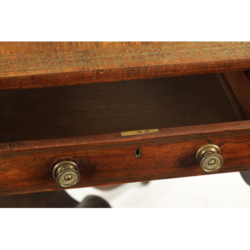 306 - A REGENCY FIGURED ROSEWOOD BRASS INLAID SOFA TABLE with fold down sides above frieze drawers; raised... 