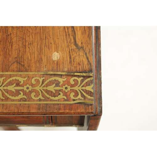 306 - A REGENCY FIGURED ROSEWOOD BRASS INLAID SOFA TABLE with fold down sides above frieze drawers; raised... 