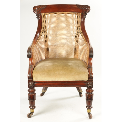 307 - A GOOD WILLIAM V CARVED MAHOGANY BERGERE LIBRARY CHAIR WITH OLD LANCASTER PAPER LABEL - POSSIBLY GIL... 