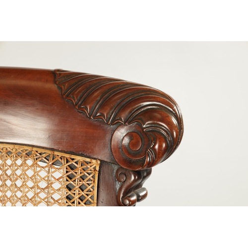 307 - A GOOD WILLIAM V CARVED MAHOGANY BERGERE LIBRARY CHAIR WITH OLD LANCASTER PAPER LABEL - POSSIBLY GIL... 