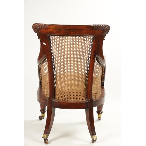 307 - A GOOD WILLIAM V CARVED MAHOGANY BERGERE LIBRARY CHAIR WITH OLD LANCASTER PAPER LABEL - POSSIBLY GIL... 