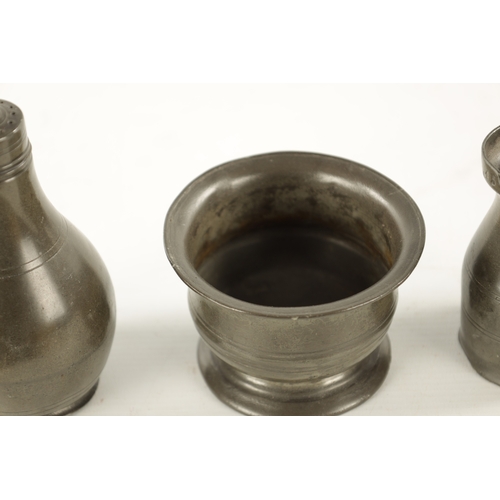 31 - THREE PIECES OF 18TH CENTURY PEWTER WARE COMPRISING A WIG POWDER, A MINIATURE TANKARD AND SALT (14cm... 