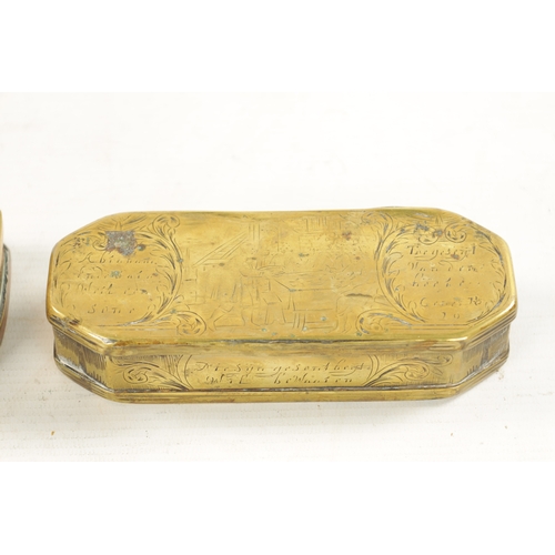 310 - AN 18TH CENTURY DUTCH ENGRAVED BRASS TOBACCO BOX AND AN 18TH CENTURY INDIAN BRASS TOBACCO BOX (19cm ... 