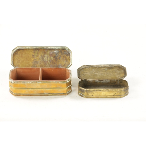 310 - AN 18TH CENTURY DUTCH ENGRAVED BRASS TOBACCO BOX AND AN 18TH CENTURY INDIAN BRASS TOBACCO BOX (19cm ... 