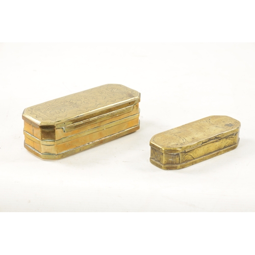 310 - AN 18TH CENTURY DUTCH ENGRAVED BRASS TOBACCO BOX AND AN 18TH CENTURY INDIAN BRASS TOBACCO BOX (19cm ... 