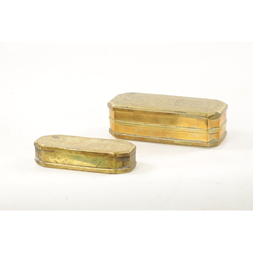 310 - AN 18TH CENTURY DUTCH ENGRAVED BRASS TOBACCO BOX AND AN 18TH CENTURY INDIAN BRASS TOBACCO BOX (19cm ... 