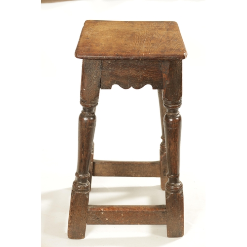 318 - A 17TH CENTURY OAK JOINT STOOL with pegged top above a ring turned base joined by stretchers (46cm w... 