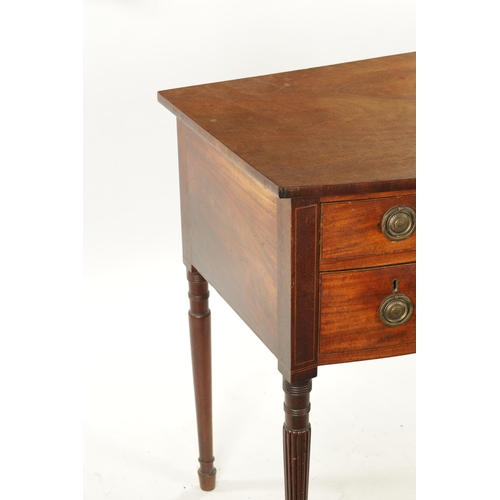 32 - A REGENCY GILLOWS STYLE MAHOGANY BOW FRONTED SIDE TABLE with one long and two small drawers with bra... 