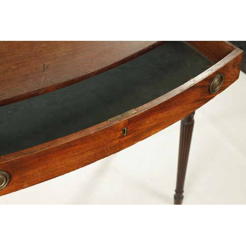 32 - A REGENCY GILLOWS STYLE MAHOGANY BOW FRONTED SIDE TABLE with one long and two small drawers with bra... 