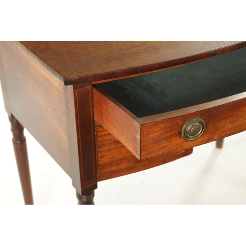 32 - A REGENCY GILLOWS STYLE MAHOGANY BOW FRONTED SIDE TABLE with one long and two small drawers with bra... 