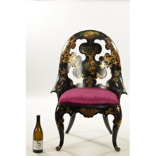 322 - JENNENS & BETTRIDGE BIRMINGHAM / LONDON. A 19TH CENTURY PAPER MACHIER LACQUERWORK ARMCHAIR with drop... 