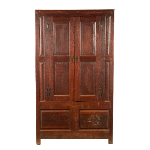 33 - A SMALL EARLY 18TH CENTURY OAK PANELLED CUPBOARD with ironwork H hinges (92cm wide 46cm deep 159cm h... 