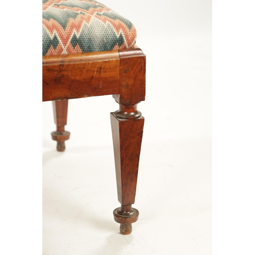 336 - A LATE 18TH CENTURY MAHOGANY UPHOLSTERED DRESSING ROOM STOOL raised on unusual square tapering legs.... 