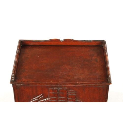 338 - AN 19TH CENTURY MAHOGANY LIDDED BOX with carved front depicting a ship in full sail inscribed 'such ... 