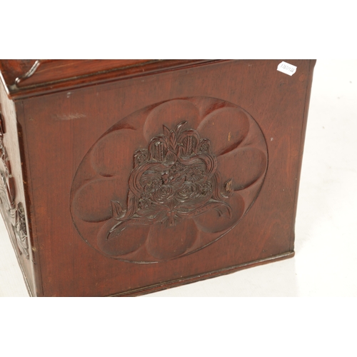 338 - AN 19TH CENTURY MAHOGANY LIDDED BOX with carved front depicting a ship in full sail inscribed 'such ... 