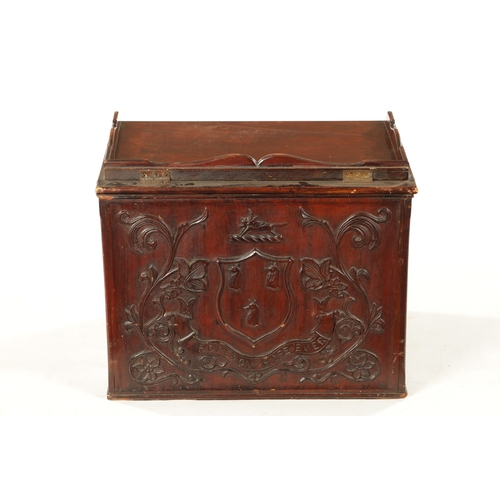 338 - AN 19TH CENTURY MAHOGANY LIDDED BOX with carved front depicting a ship in full sail inscribed 'such ... 