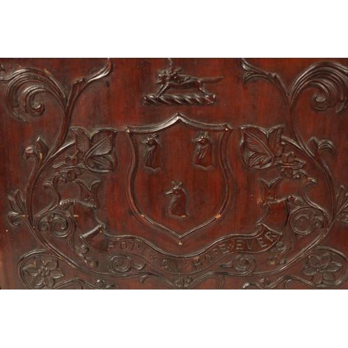 338 - AN 19TH CENTURY MAHOGANY LIDDED BOX with carved front depicting a ship in full sail inscribed 'such ... 