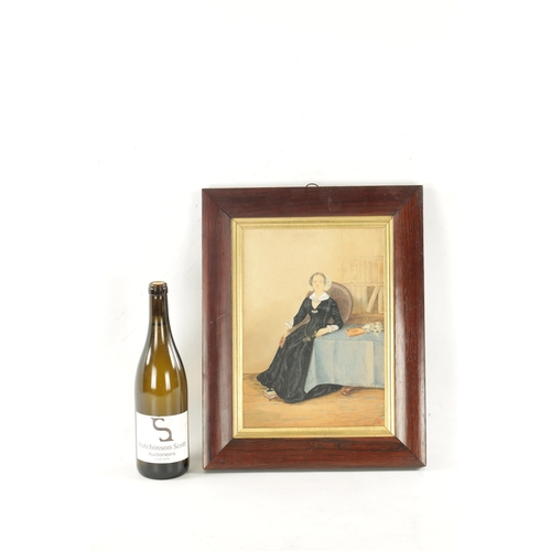 34 - A VICTORIAN WATERCOLOUR OF SEATED LADY in a rosewood cushion frame. (30cm high 22cm wide)