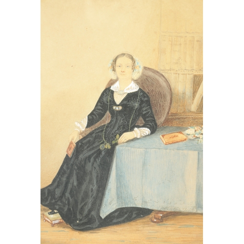 34 - A VICTORIAN WATERCOLOUR OF SEATED LADY in a rosewood cushion frame. (30cm high 22cm wide)