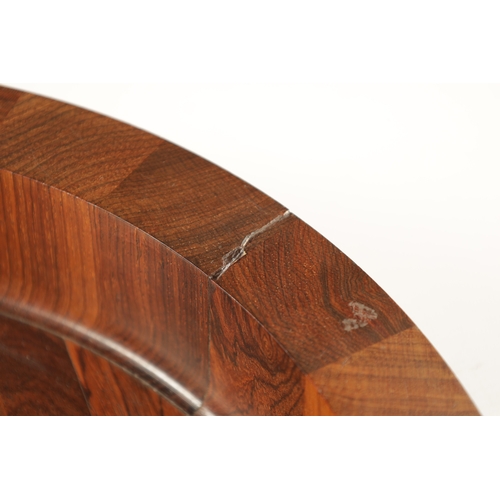 344 - A CIRCULAR CONTEMPORARY SEGMENTED HARDWOOD BOWL BY COCOBOLO, DENMARK bearing stamp beneath. (43cm di... 