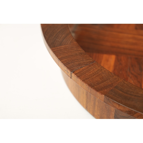 344 - A CIRCULAR CONTEMPORARY SEGMENTED HARDWOOD BOWL BY COCOBOLO, DENMARK bearing stamp beneath. (43cm di... 