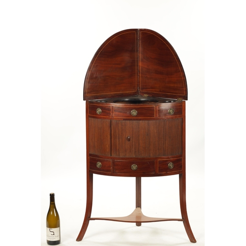 348 - AN UNUSUAL GEORGE III MAHOGANY CORNER WASH STAND with fold down top, fitted with tambour front and s... 