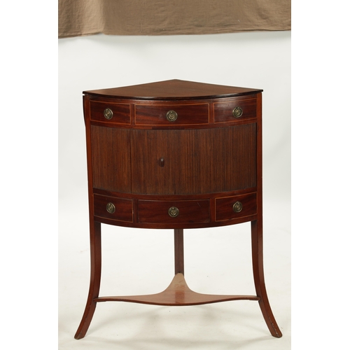 348 - AN UNUSUAL GEORGE III MAHOGANY CORNER WASH STAND with fold down top, fitted with tambour front and s... 