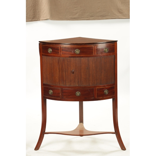 348 - AN UNUSUAL GEORGE III MAHOGANY CORNER WASH STAND with fold down top, fitted with tambour front and s... 