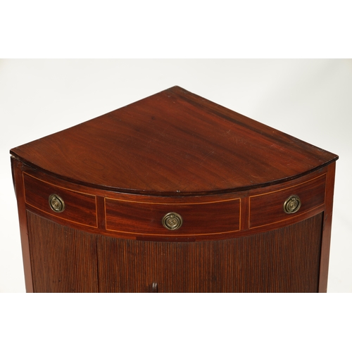 348 - AN UNUSUAL GEORGE III MAHOGANY CORNER WASH STAND with fold down top, fitted with tambour front and s... 