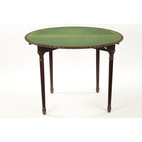 349 - A GEORGE III MAHOGANY DEMI LUNE CARD TABLE IN THE MANNER OF ROBERT ADAM the cross banded top with ba... 