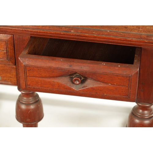 353 - AN UNUSUAL 18TH CENTURY COLONIAL PADOUK WOOD TWO DRAWER TABLE on turned cup and cover legs. (84cm wi... 