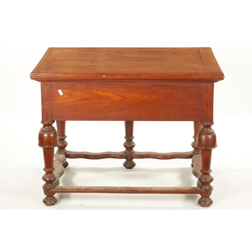 353 - AN UNUSUAL 18TH CENTURY COLONIAL PADOUK WOOD TWO DRAWER TABLE on turned cup and cover legs. (84cm wi... 