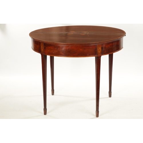 354 - A GEORGE III FIGURED MAHOGANY SCOTTISH DEMI LUNE TEA TABLE with unusal shell inlaid interior; raised... 