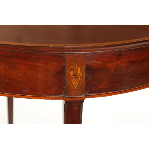 354 - A GEORGE III FIGURED MAHOGANY SCOTTISH DEMI LUNE TEA TABLE with unusal shell inlaid interior; raised... 