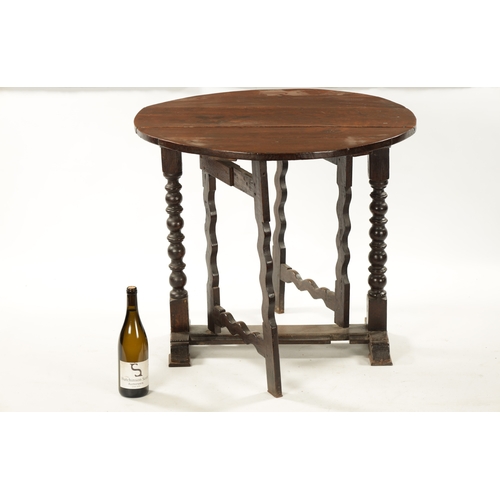 355 - A 17TH CENTURY SMALL OAK GATE LEG TABLE WITH SILHOUETTE LEG having drop down sides and bobbin suppor... 