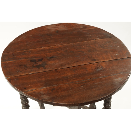 355 - A 17TH CENTURY SMALL OAK GATE LEG TABLE WITH SILHOUETTE LEG having drop down sides and bobbin suppor... 