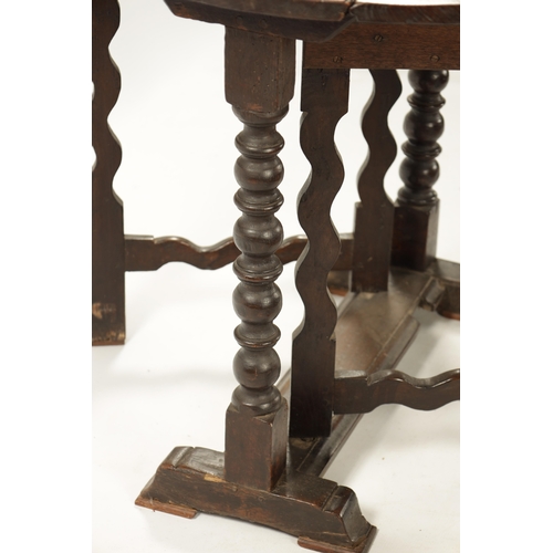 355 - A 17TH CENTURY SMALL OAK GATE LEG TABLE WITH SILHOUETTE LEG having drop down sides and bobbin suppor... 