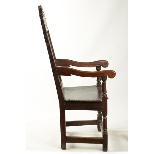 357 - A 17TH CENTURY WAINSCOT CHAIR WITH TUDOR ROSE with shaped carved top rail, plank seat and turned sup... 