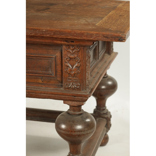 36 - AN 18TH CENTURY FLEMISH OAK TABLE with sliding top above a panelled frieze, ring turned bulbous legs... 