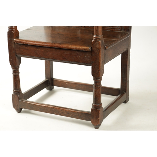 360 - A 17TH CENTURY CARVED OAK JACOBEAN STYLE WAINSCOT CHAIR with grape and floral top rail (56cm wide 11... 