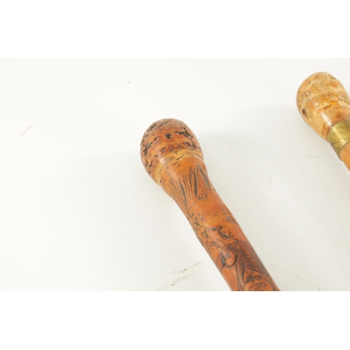 367 - TWO 19TH CENTURY ORIENTAL BAMBOO CARVED WALKING CANES - signed (87.5cm overall)