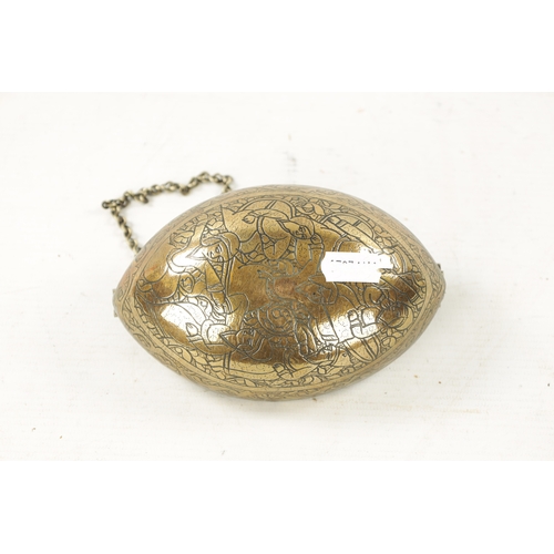 374 - AN ANTIQUE PERSIAN ENGRAVED BRASS HANGING OIL LAMP (14cm wide)