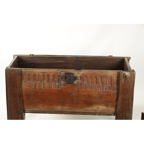 377 - A RARE LATE 16TH CENTURY WELSH OAK BOARDED CHEST with arcaded frieze; raised on thick cut stile feet... 