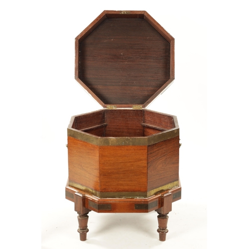 379 - AN UNUSUAL 18TH CENTURY COLONIAL PADOUK OCTAGONAL SHAPED WINE COOLER ON STAND with brass bound egdes... 