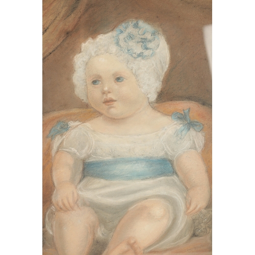 380 - A 19TH CENTURY PASTEL OF A SEATED CHILD WITH BONNET having gilt moulded glazed frame. (56cm high 36c... 