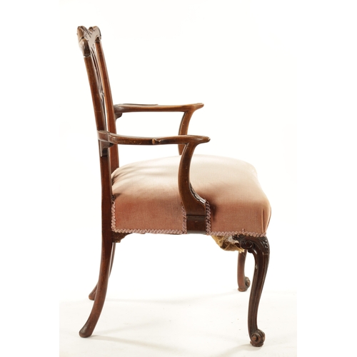 381 - AN 18TH CENTURY CARVED MAHOGANY CHIPPENDALE STYLE OPEN ARMCHAIR with peirced back and upholstered se... 