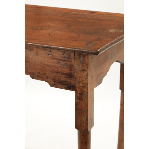 382 - AN EARLY 18TH CENTURY YEW WOOD SIDE TABLE the plank top above a shaped apron; raised on tapering tur... 