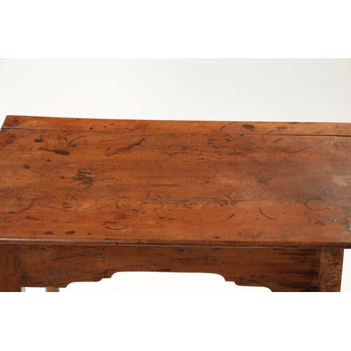 382 - AN EARLY 18TH CENTURY YEW WOOD SIDE TABLE the plank top above a shaped apron; raised on tapering tur... 